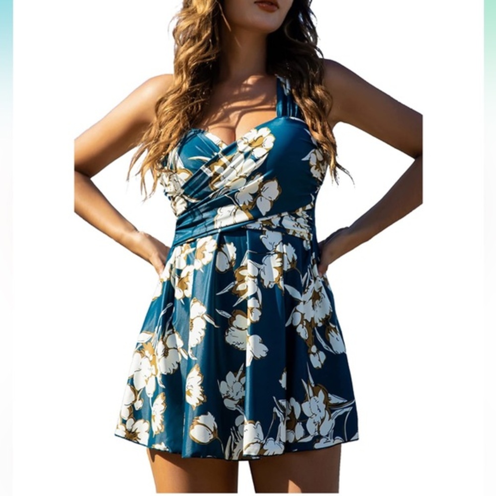 COCOPEAR Elegant Crossover One Piece Swimdress green floral Skirted Swimsuit-4XL
